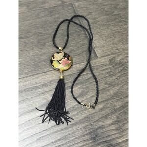 Vintage Cloisonné Enamel Pendant Necklace Butterfly Tassel Black double sided